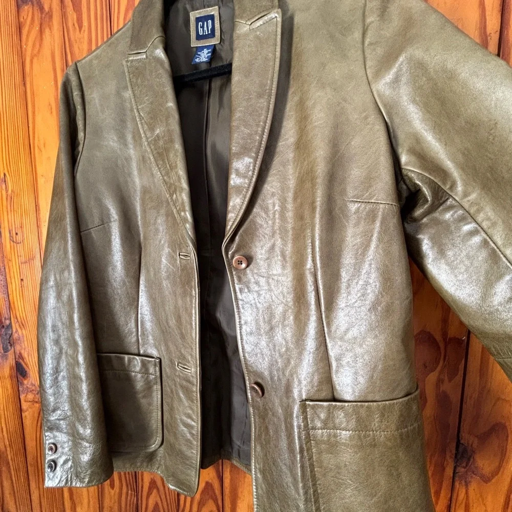 GAP Olive Green Women's Leather Jacket - Picture 5 of 10